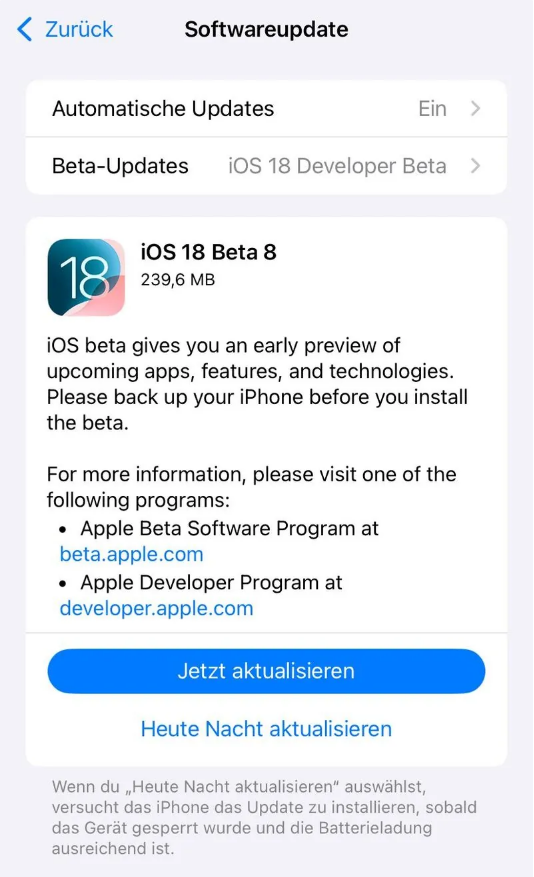 蒙阴苹果手机维修分享苹果 iOS / iPadOS 18 开发者预览版 Beta 8 发布 